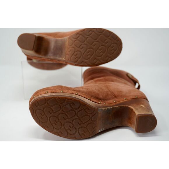Ugg Lynnea Suede and Shearling Wooden Sole Clog Boots Red Wood Color - Picture 6 of 9